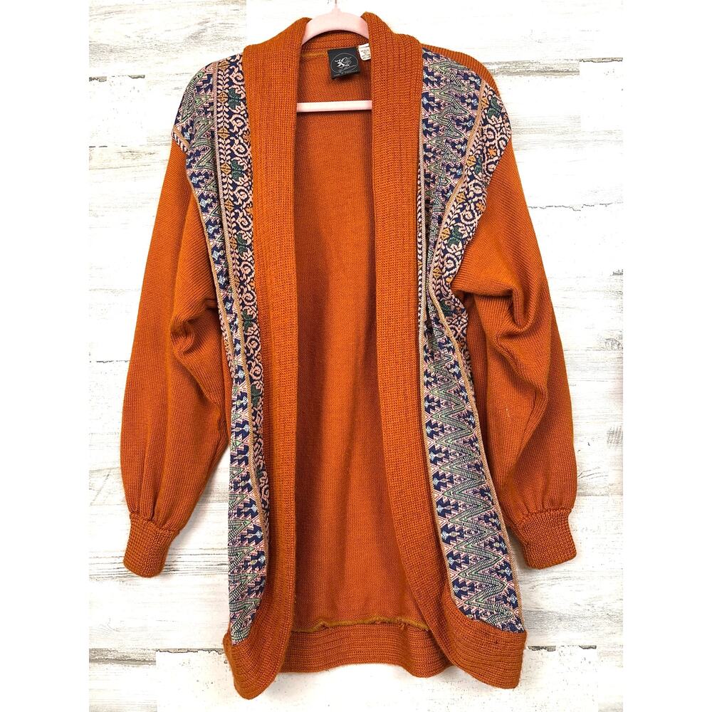 KS Collection Womens L Rust Orange Multi Tapestry Fringe Knit Cardigan Sweater